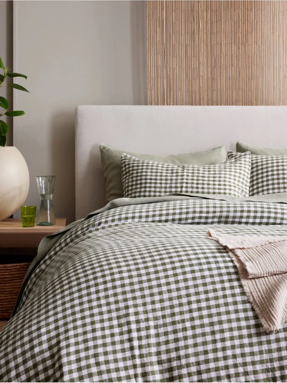 Quince NWOT European Linen Gingham Duvet Cover Set in Olive King/Cal King 1248
